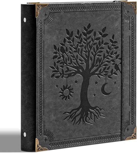 Ovesmusl PU Leather 3 Ring Binder Fits 8.5"x11" Letter Size Paper, 2 Inch Round Ring Binder Holds 500 Sheets, Notepad Paper Cover Loose Leaf Organizer, Black Tree
