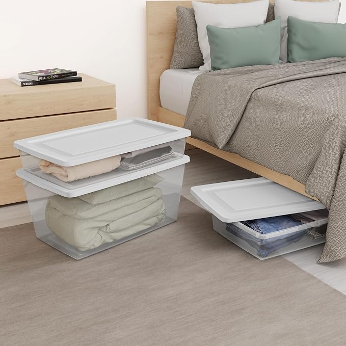 Sterilite 41 Qt Underbed Storage Box, Stackable Bin with Lid, Plastic Container to Organize Bedroom, Clear Base and White Lid, (Pack of 6)