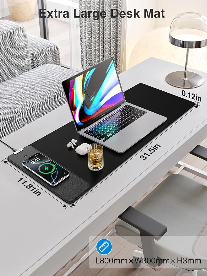 Wireless Charging Mouse Pad, 31.5"x11.8" Large Desk Mat, Smooth Glide | Waterproof Mousepad, Stitched Edge, Non-Slip Rubber Base, Desk Pad Computer Keyboard Mat, No Adapter
