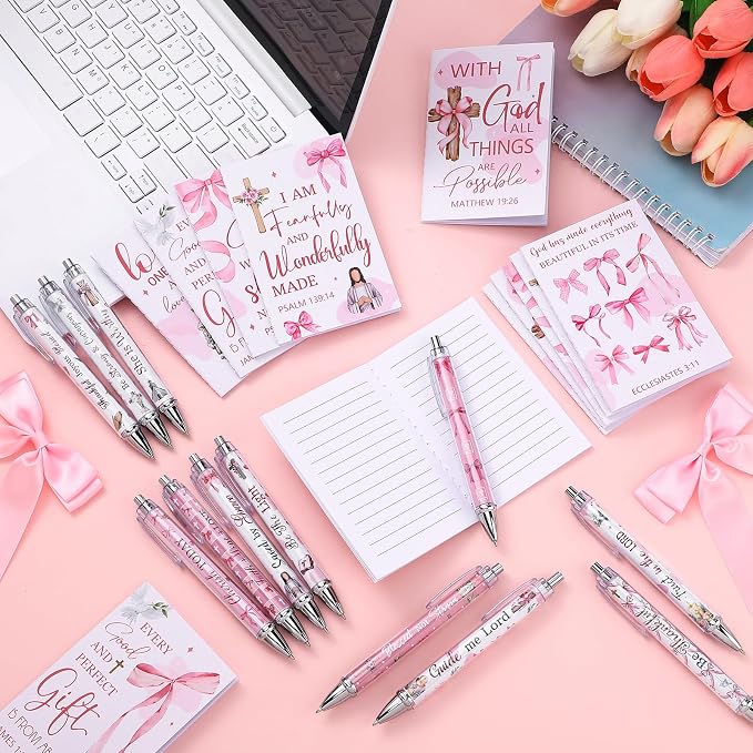 Colarr 12 Sets Christian Bulk Gifts for Women Bible Verse Pens Notebooks Religious VBS Scripture Ballpoint Pens Bookmarks Journal for Easter Sunday School Church Inspirational Supply(Bow)