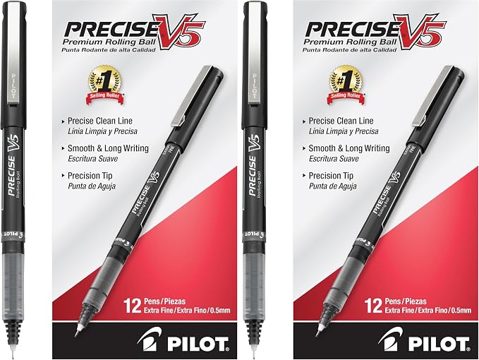 PILOT Precise V5 Rollerball Pens,Extra Fine Point 0.5 mm Black Pens,Black,- Ideal for School,Journaling & Office Writing,12 Count (Pack of 2)