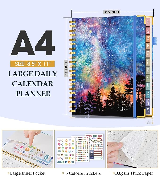 Academic Planner 2026-2027, Hardcover Leather Weekly and Monthly Calendar Planner from July 2026 - June 2027, A4 8.5" x 11" Daily Agenda with Tabs, College School Organizer for Student Teacher, Forest Under a Starry Sky