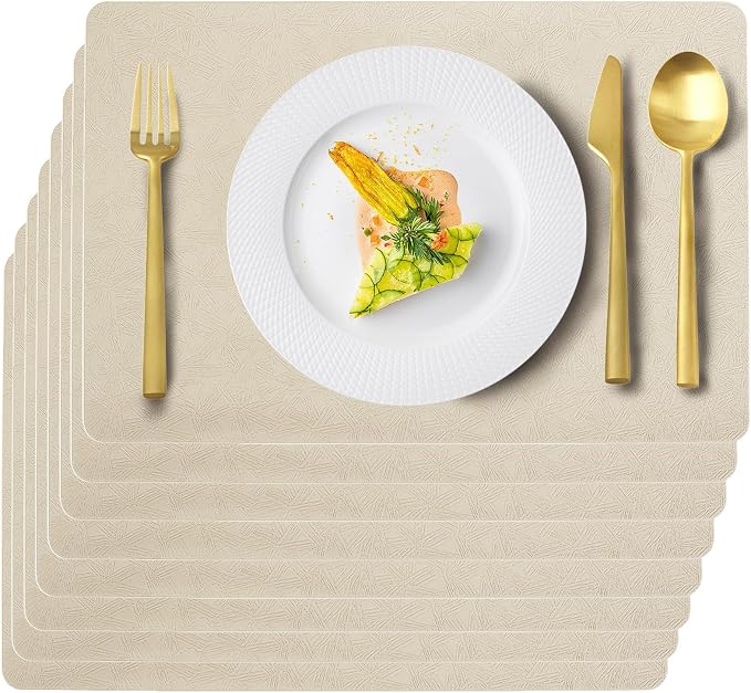Beige Plastic Placemats Set of 8, Faux Leather Waterproof Table Mats | Beige Vinyl placemats,Wipeable and heat resistant table mats.Easy to clean,great for indoor and outdoor