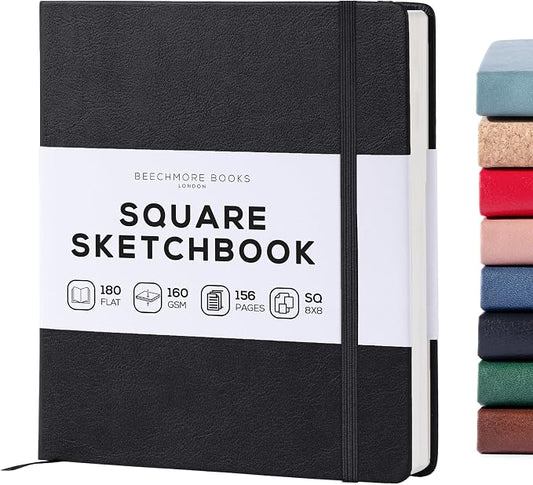 Beechmore Books Square Mixed Media Sketchbook - 8"x8" Professional Art Journal, 160 GSM / 98 lb Ivory Paper, Perforated Pages, Vegan Leather Hardcover, Lay-Flat Design for Drawing & Doodling