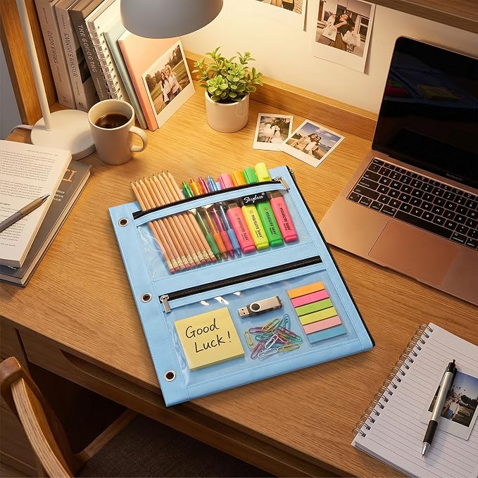 SKYDUE Binder Pencil Pouch for 3 Ring Binder, 3 Compartment Zipper Case, Large Capacity Pen Organizer with Clear PVC Window for School Supplies, Students, Kids & Teachers