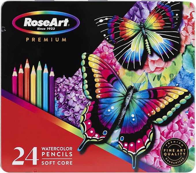 Rose Art Premium 24ct Soft Core Watercolor Pencils – Art Supplies for Drawing, Sketching, Adult Coloring in Design Storage Tin, multi (84402)