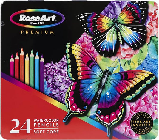 Rose Art Premium 24ct Soft Core Watercolor Pencils – Art Supplies for Drawing, Sketching, Adult Coloring in Design Storage Tin, multi (84402)