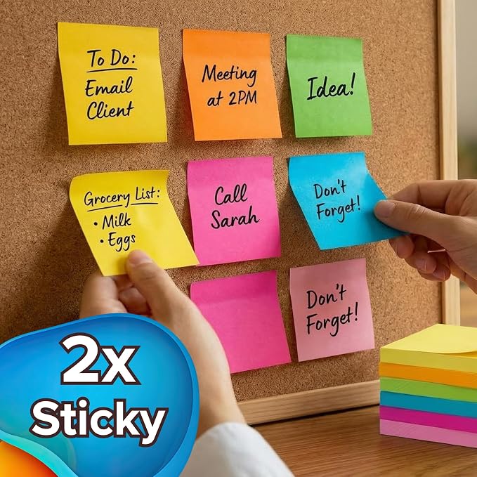 Sticky Notes 3x3 (12 Pads / 1200 Sheets) – 2026 Improved Adhesive, Very Very Sticky & Bright Neon Colors – Perfect for School, Office & Desk Supplies