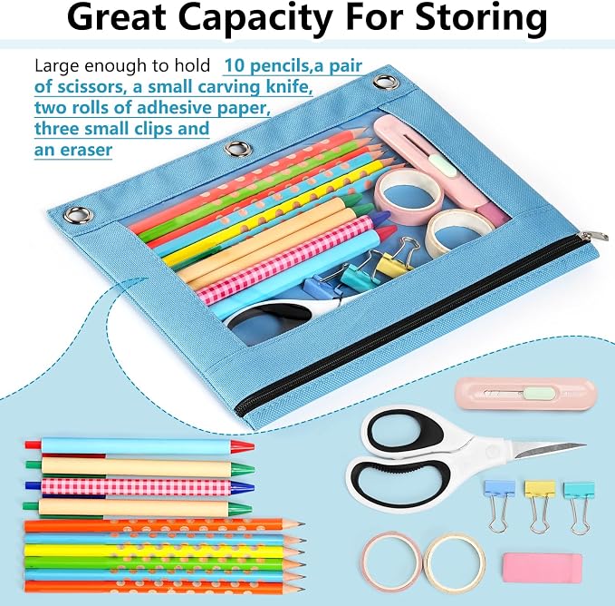 Forvencer Pencil Pouch for 3 Ring Binder, Large Pencil Case Pouch with 3 Reinforced Grommets, Pen Bag, Clear Window Pencil Case, Binder Accessories, White Plaid