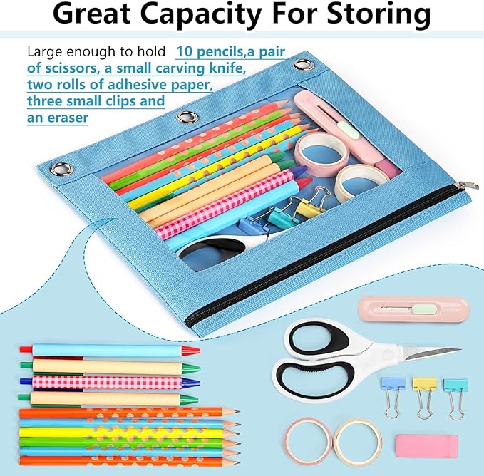 Forvencer Pencil Pouch for 3 Ring Binder, Clear Window Pencil Case with Smooth Zipper, Big Capacity 3 Ring Binder Pencil Bag with 3 Reinforced Grommets, Bright Red