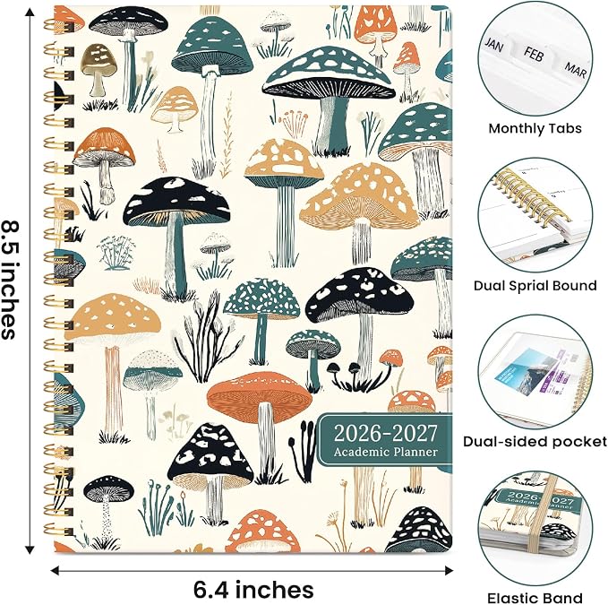Academic Planner 2026-2027, Weekly and Monthly Calendar Book, July 2026 – June 2027, Hardcover Planner with Tabs, Perfect for Teachers, Students, Women & Men, A5 (6.4" x 8.5") - Mushrooms Grovel