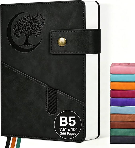 PAIBAS 7.6 x 10 Lined Notebook Journal 366 Pages Leather Journal for Men | Large notebook B5 journal with 100gsm lined notebook paper college ruled, 3 ribbon bookmarks, cover pocket & brass snap.