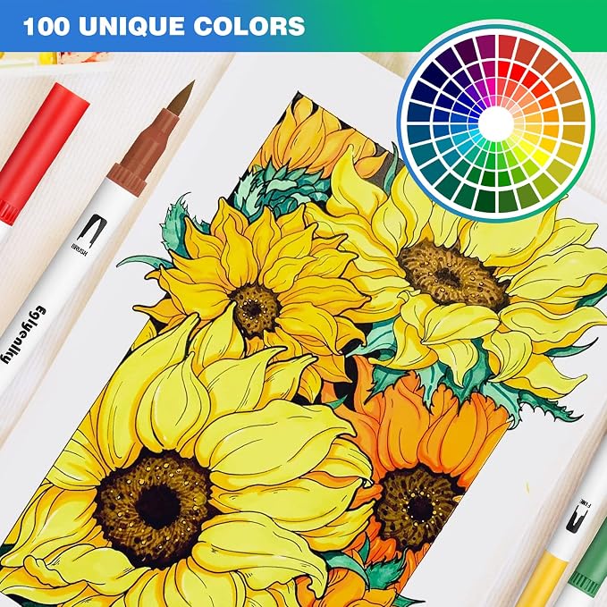 Eglyenlky Markers for Coloring Book Adults Relaxation, Dual Tip Brush Pens with 100 Watercolor Fine Tip Markers and Brush Pens for Kids Coloring