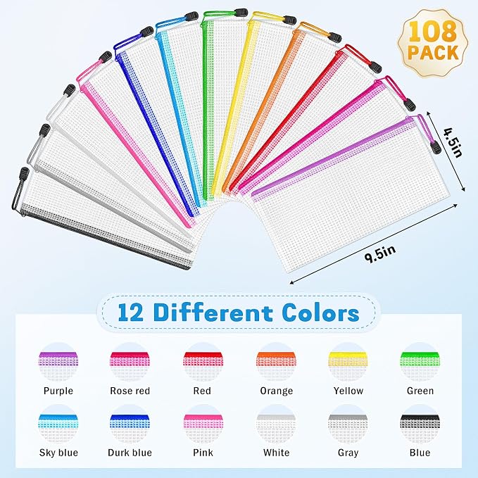108 Pack Pencil Pouch Bulk, 9.5" x 4.5" Mesh Zipper Pouch, 12 Colors | Small Clear Zipper Pouch Pencil Case for Supplies Storage, Travel, Cash, Cosmetics, Office with Translucent Waterproof PVC