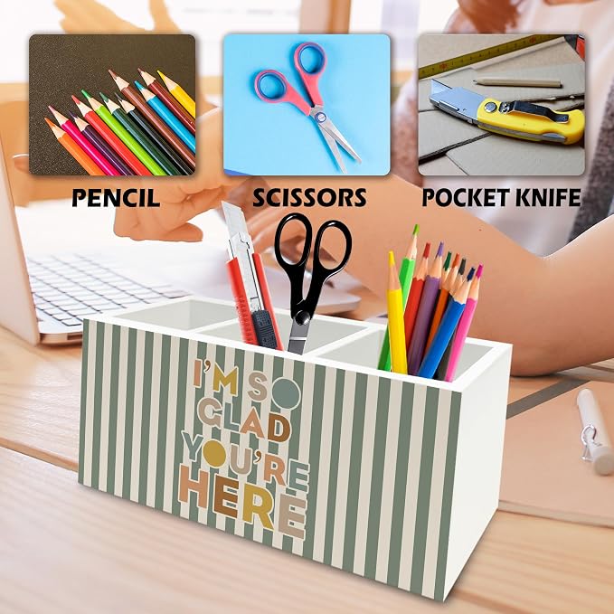 Boho Classroom Pen Pencil Holder Organizer for Desk, I'm So Glad You're Here Sage Green Striped Wooden Box Signs Decorations for Kids Boys Girls Room Bedroom Classroom Desk Tabletop