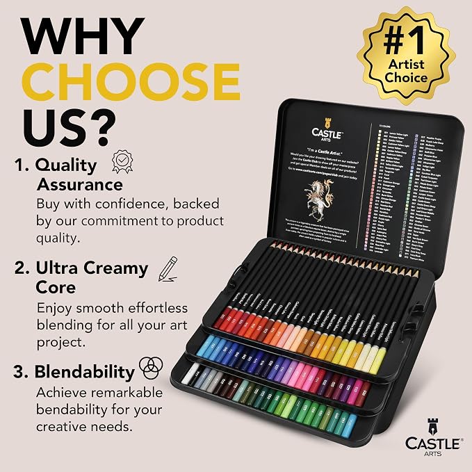 Castle Art Supplies Colored Pencils Set | 72 Premium Soft Core Colored Leads for Adult Artists | Organized in Presentation Tin Case
