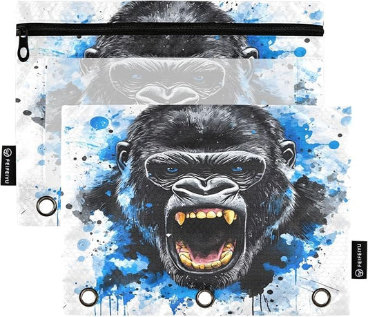 King Kong Blue Face Pencil Pouch for 3 Ring Binder 2 Pack Zipper Binder Pencil Bag Case with Clear Window Office Supplies