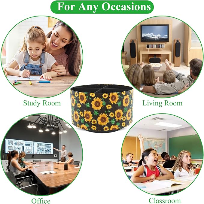 Round Leather Art Supply Organizer,Remote Control Holder,360 Degree Rotating,Multi-Functional Pencil Holder,4 Compartments Desktop Stationary Organizer(1-Sunflower)