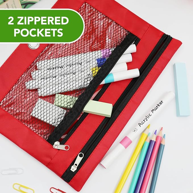 Pencil Pouch for 3 Ring Binder, Heavy Duty Canvas Dual Zipper Pen Bag with Clear Window, Smooth Metal Zipper, Fit Standard 3-Ring Binders for School Office Travel Supplies (Red)