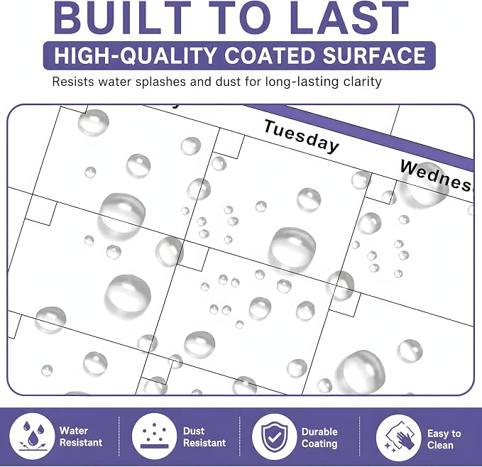 Dry Erase Calendar for Wall 24x36in Undated 3 Month Celendar with 4 Markers | Purple Layout Reusable PET Erasable Surface, Large 3-Month View, Easy to Write and Wipe Clean