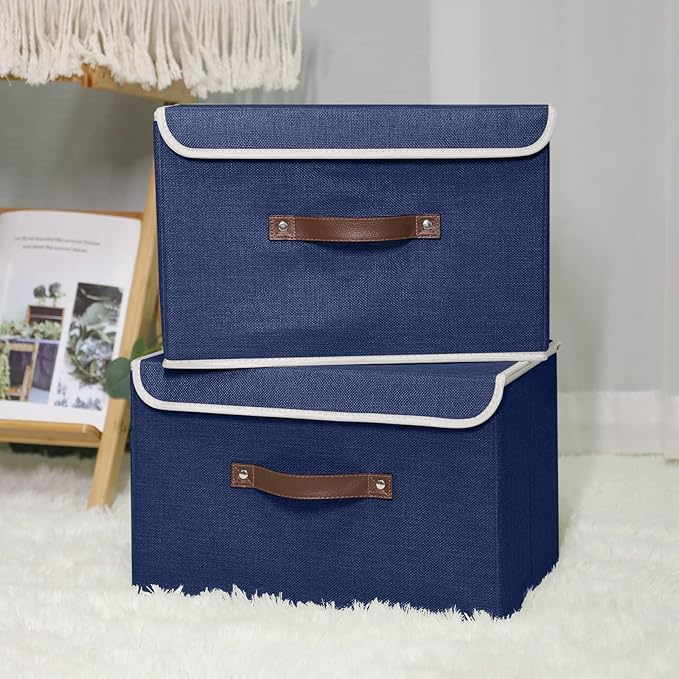 ANMINY 2PCS Storage Bin with Lid Storage Boxes with PU Leather Handles PP Plastic Board Decorative Foldable Lidded Cotton Linen Fabric Home Cubes Baskets Closet Organizer Container - Blue, Medium