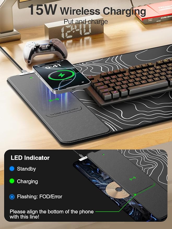 Wireless Charging Mouse Pad, 31.5"x15.8" Large Desk Mat, Smooth Glide | Waterproof Mousepad, Stitched Edge, Non-Slip Rubber Base, Desk Pad Computer Keyboard Mat, No Adapter