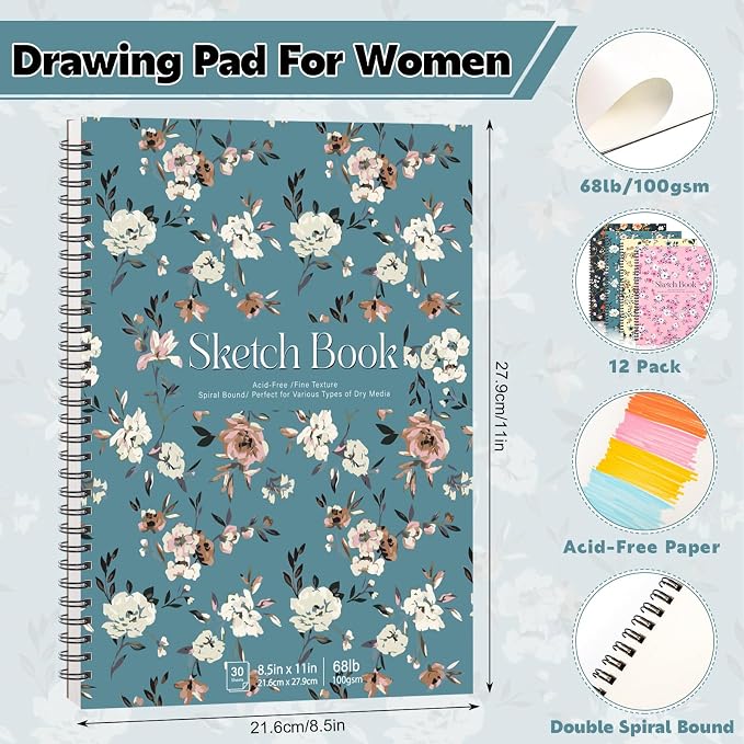 12 Pack Sketch Book, 8.5 x 11Inch Sketchbook, 68lb/100gsm Top Spiral Bound Sketch Pad, Acid Free Art Supplies Drawing Painting Sketching Paper for Woman Artists (30 Sheets Each)