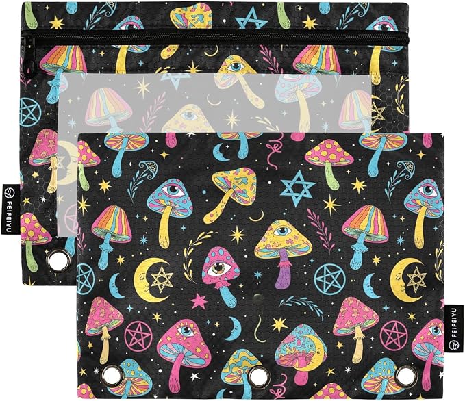 Mushroom Eyes Colorful Pencil Pouch for 3 Ring Binder 2 Pack Binder Pencil Case with Clear Window Pencils Bags with Zipper for Office School College Supplies