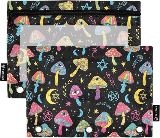 Mushroom Eyes Colorful Pencil Pouch for 3 Ring Binder 2 Pack Binder Pencil Case with Clear Window Pencils Bags with Zipper for Office School College Supplies