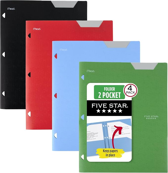 Five Star 2-Pocket Folder,Plastic Folder with Stay-Put Tabs and Prong Fasteners,Fits 3-Ring Binder,Holds 8-1/2" x 11” Paper,Black,Fire Red,Forest Green,Pacific Blue (38049),4 Count (Pack of 6)