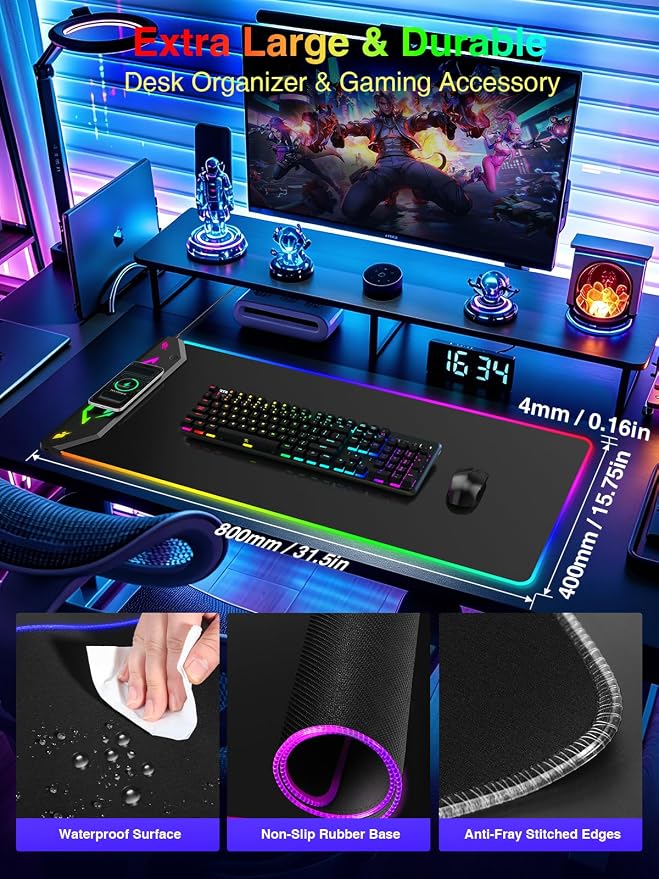 Magnetic Wireless Charging Mouse Pad Gaming, 31.5"x15.8" Large Desk Mat | RGB Mousepad, Smooth Glide, Stitched Edge, Non-Slip Rubber Base, Desk Pad Computer Keyboard Mat, No Adapter