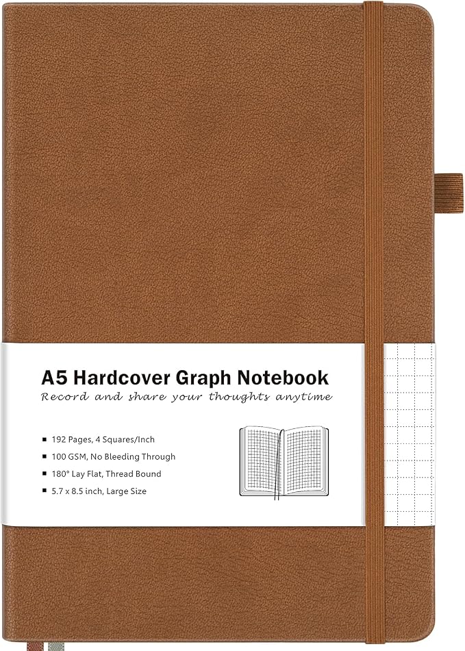 Graph Paper Notebook, Hardcover Leather Grid Notebook Journal for Women Men | No Bleed Thick Paper for Smooth Writing, Lay Flat, A5 Portable Size for Work, School, and Travel, Professional Business Style