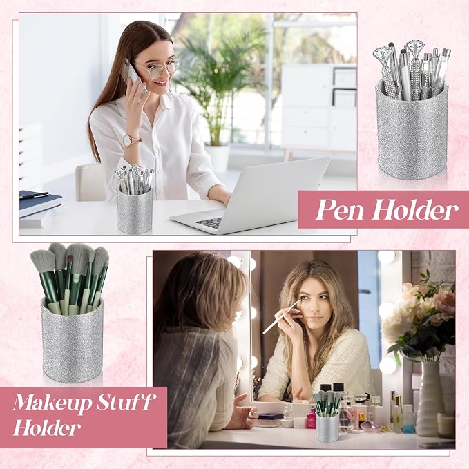 Sabary 8 Pcs Silver Pens with Pen Holder for Desk Glitter Crystal Diamond Cute Ballpoint Fancy Pencil Holder Bling Desk Organizer for Women Girls School Office Supplies Wedding Graduation Gifts