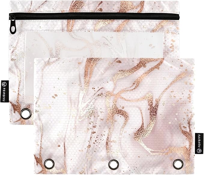 Rose Gold Abstract Marble Pencil Pouch Fits Standard 3-Ring Binders, Zipper Binder Pencil Bag with Clear Window for Office 2 Pack
