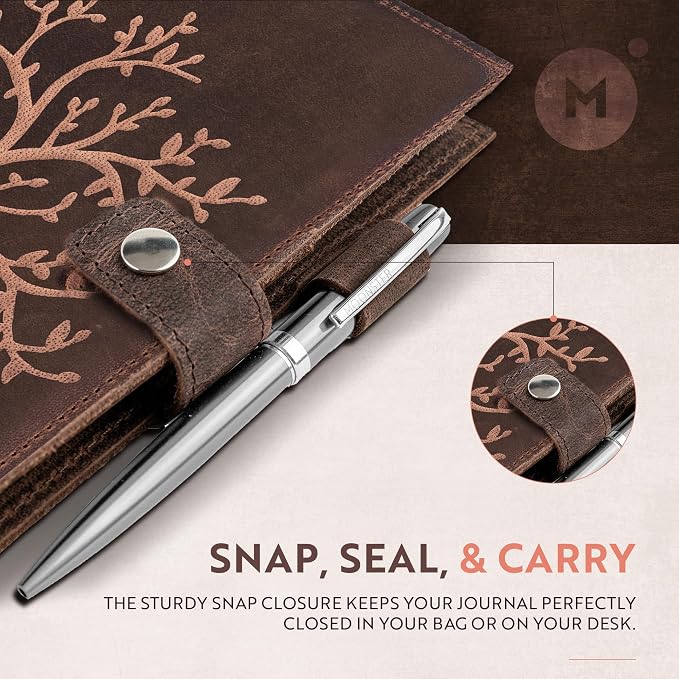 moonster Refillable Leather Journal Lined Notebook - Embossed Tree of Life, Handmade Genuine Leather Notebook for Men & Women with Pen Holder – Includes Premium-Milled A5 Lined Paper & Luxury Pen