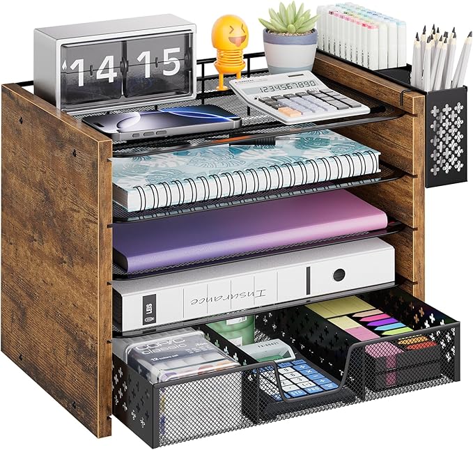 Simple Trending 5-Tier Wood Desk Organizer, Desk Organizers and Accessories with Drawer & Pen Holder for Home Office School