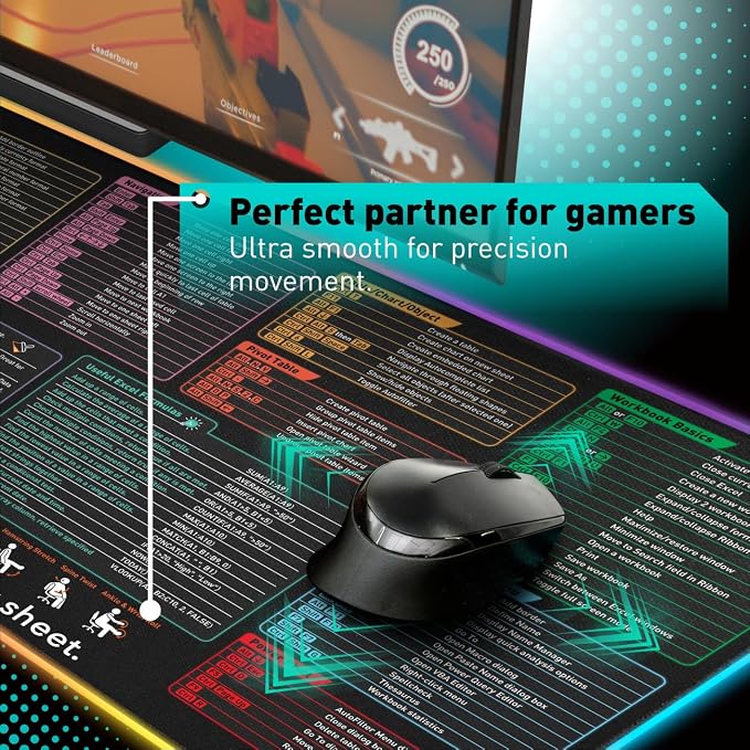 Excel Cheat Sheet LED Desk Pad | Excel Shortcut Keys Mouse Pad - Colorful RGB Luminous Extended Large Gaming Mousepad| PC Office Spreadsheet Keyboard Mat| Non-Slip Stitched Edge Desk Mat
