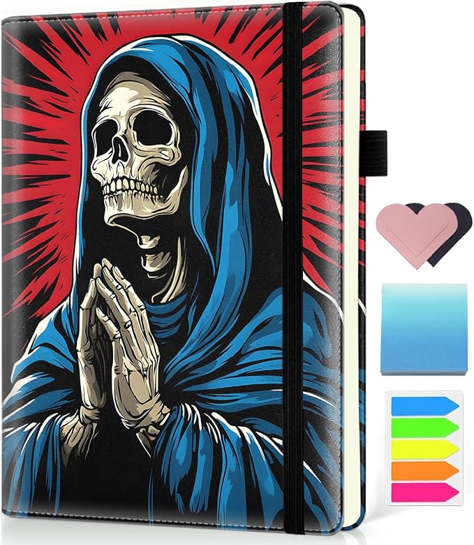 Hardcover Executive Notebooks, A5 PU Leather Lined Journal Notebook, 200 Pages Thick Paper Subject Notebooks for School,Work,Home Writing Business Notebook, Diary Book ，Praying Skeleton