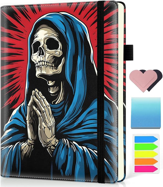 Hardcover Executive Notebooks, A5 PU Leather Lined Journal Notebook, 200 Pages Thick Paper Subject Notebooks for School,Work,Home Writing Business Notebook, Diary Book ，Praying Skeleton