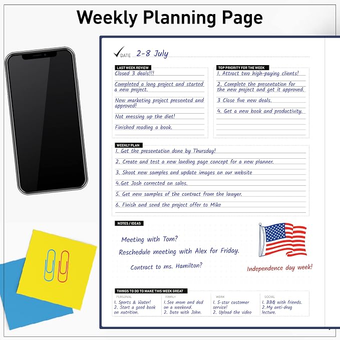 Day Planner - Professional Goal Planner, Calendar & Gratitude Journal to Increase Productivity, Time Management & Happiness - Vegan Leather Softcover, 24 Hourly, Undated 6 Months Work Planner
