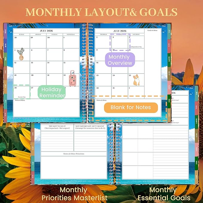 CAGIE Planner 2026-2027 18 Month July 2026-Dec 2027 Hourly Daily Calendar Weekly Monthly Planners Hardcover Large Yearly Agenda with Stickers Tabs for Women Work Mom, 8.5 x 11, Sunflower