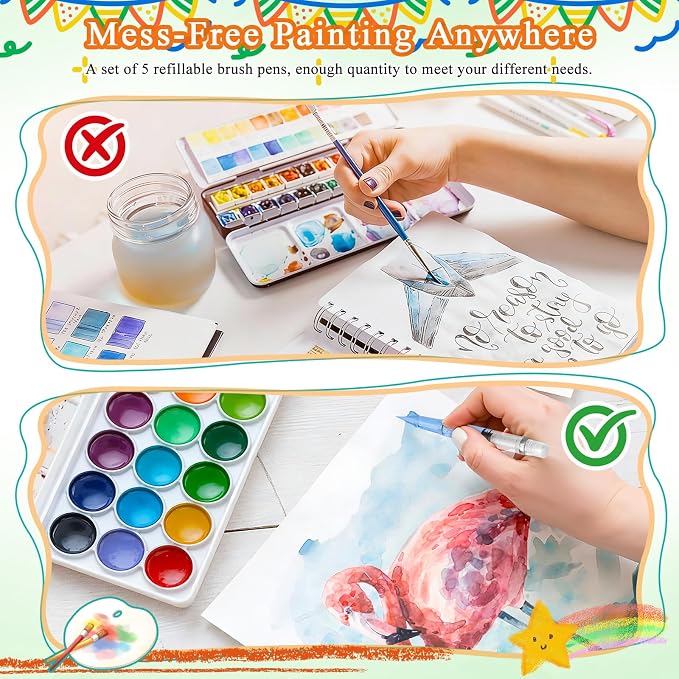 NUOBESTY 5Pcs Water Brush Pen Set – Refillable Fountain Brush Pens for Watercolor, Calligraphy, Painting, Drawing, Scrapbooking & Sketching | Watercolor Brushes for Watercolor, Calligraphy, Painting, Drawing, Scrapbooking & Sketching