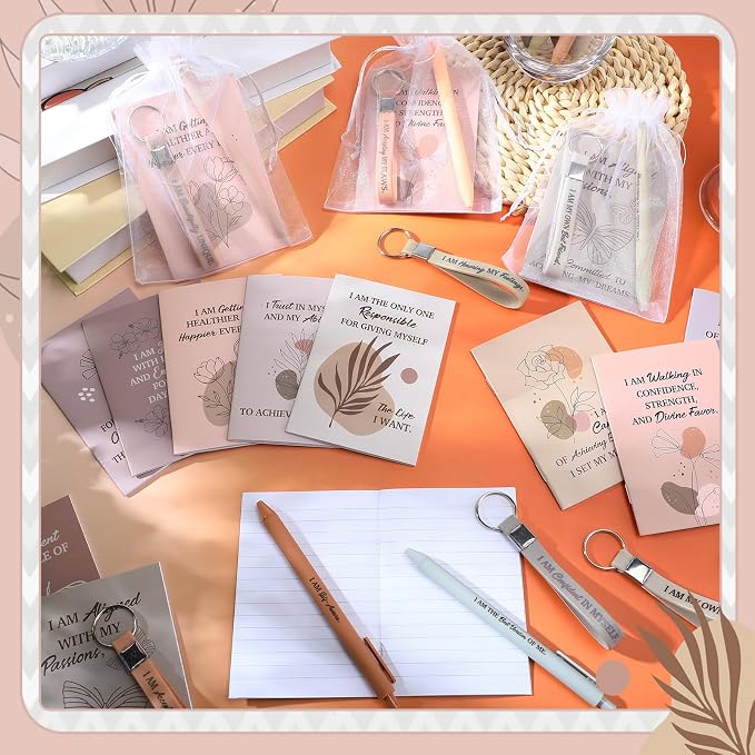 Mooliwe 48 Set Positive Affirmation Gift Set Gratitude Notebooks with Pens Keychains Small Bags Motivational Party Favors for Adult Women Coworkers Employee Group (Elegant)