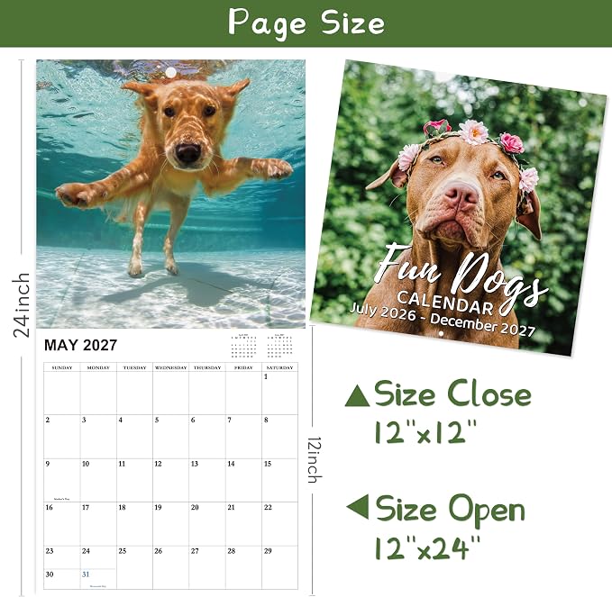 2026-2027 Calendar - 18-Month Wall Calendar 2026-2027 Funny Dog Calendars from Jul. 2026 - Dec. 2027, Wall Calendar with Unruled Blocks, Holidays, 12" x 24"(open), Fun Wall Calendars Gag Gifts - Funny Dog