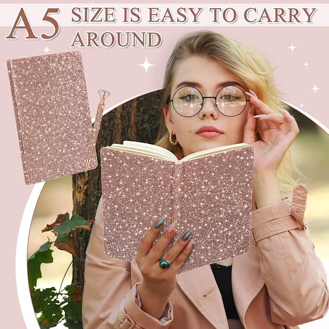 Resholder Rhinestone Pen & Glitter Notebook Set, Hard Cover Bling Diary Journal for Girls, Cute School Supplies for Back to School, Sparkly Desk Accessories Gift for Women(Rhinestone,A5,Rose Gold)