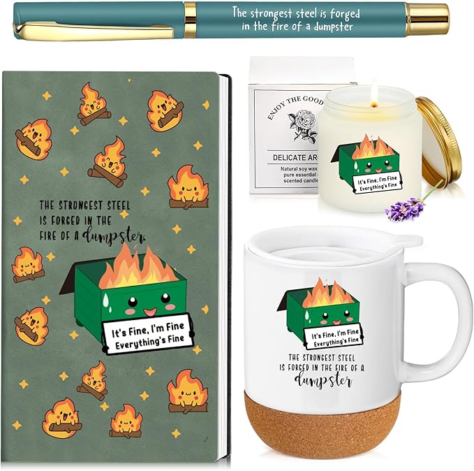 Sayglossy 4 Pcs Funny Dumpster Thank You Gifts Set for Back to School Teacher Coworker Employee Appreciation Emotional Dumpster Notebook Mug Ballpoint Pen Scented Candle for Staff Boss