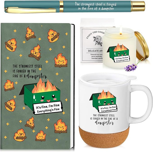 Sayglossy 4 Pcs Funny Dumpster Thank You Gifts Set for Back to School Teacher Coworker Employee Appreciation Emotional Dumpster Notebook Mug Ballpoint Pen Scented Candle for Staff Boss