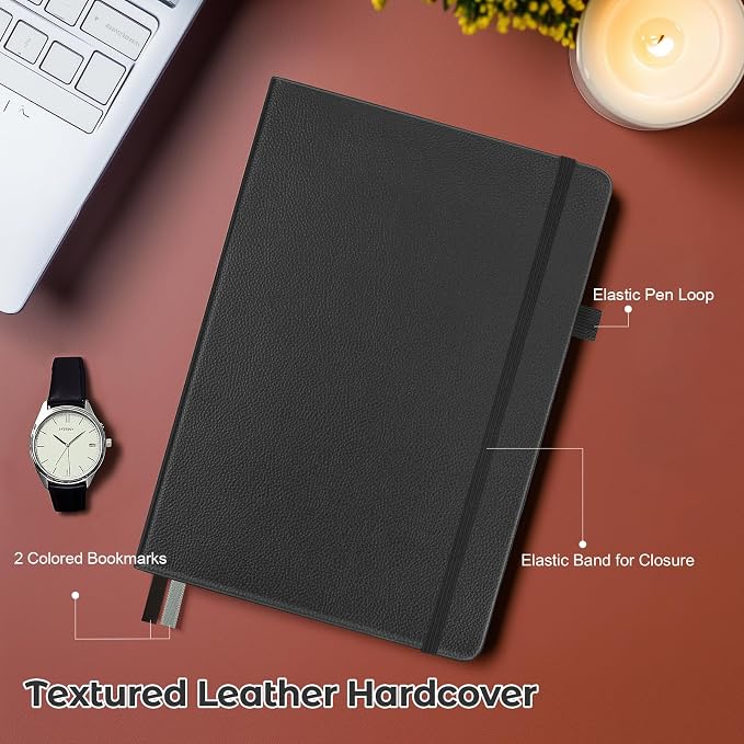 College Ruled Notebook, Hardcover Leather Journal for Women Men, A5, Lined | No Bleed Thick Paper for Smooth Writing, Lay Flat, A5 Portable Size for Work, School, and Travel, Professional Business Style