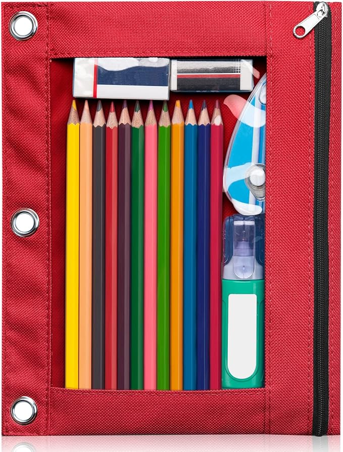 Forvencer Pencil Pouch for 3 Ring Binder, Clear Window Pencil Case with Smooth Zipper, Big Capacity 3 Ring Binder Pencil Bag with 3 Reinforced Grommets, Bright Red