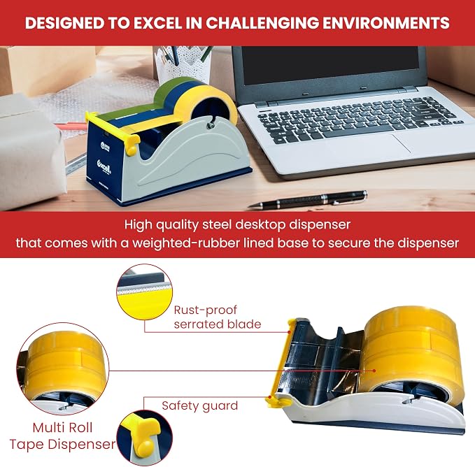 GGR Supplies ET-13370 Blue/Grey Premium Multi-Roll Steel Desk Top Tape Dispenser: 3 in. Wide (3 in. core). Manufactured by Excell